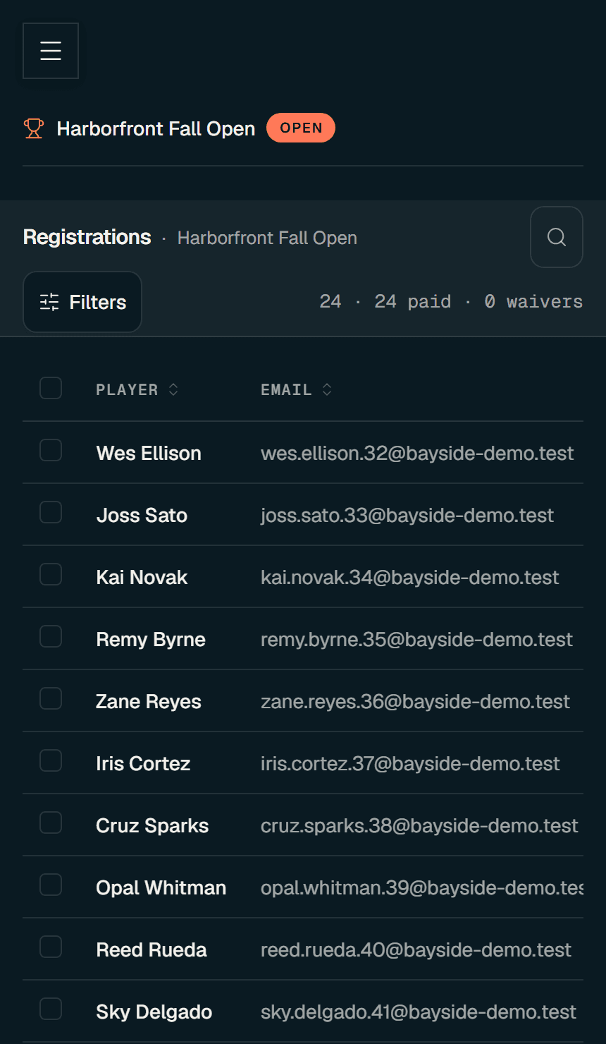 The TOFTW admin registrations table for a live tournament on a phone — player statuses and payments