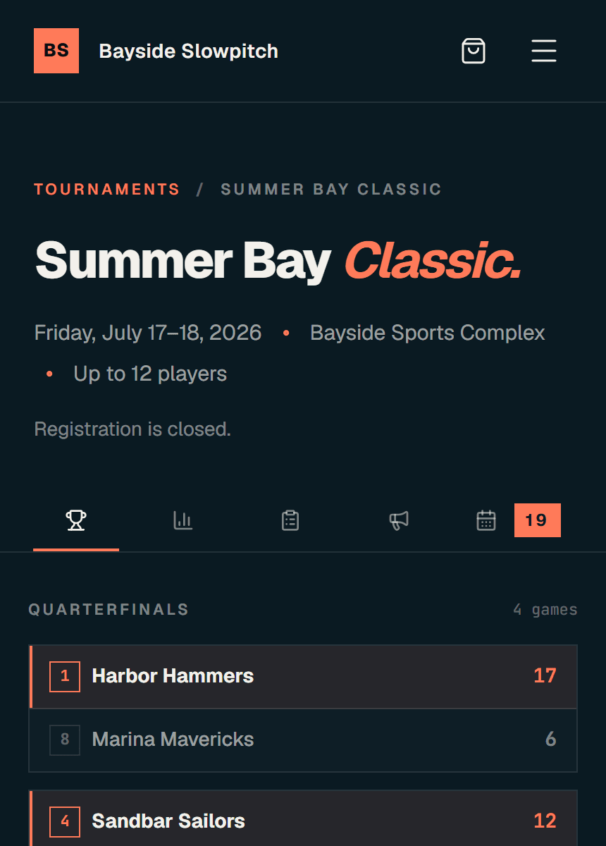 A branded public tournament website built with TOFTW — the Bayside Slowpitch bracket page on a phone