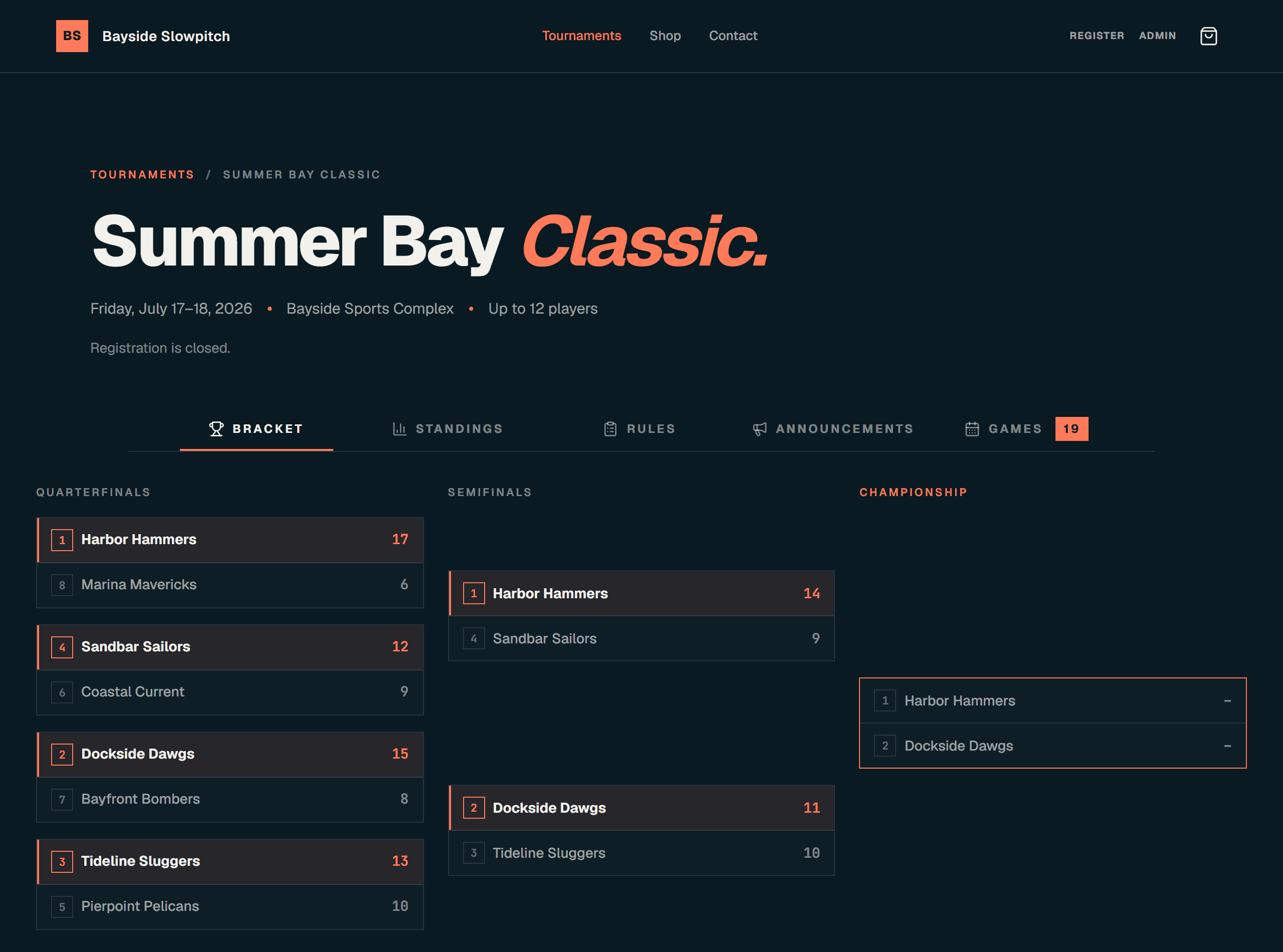 A branded public tournament website built with TOFTW — the Bayside Slowpitch bracket page